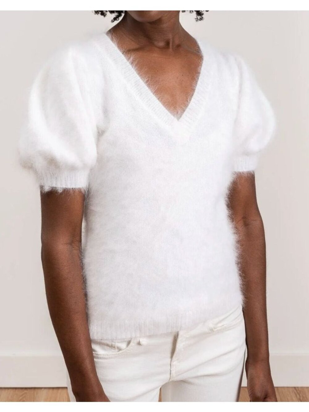 ULLA JOHNSON Aries Top Puff Sleeve Sweater Angora White Size P XS